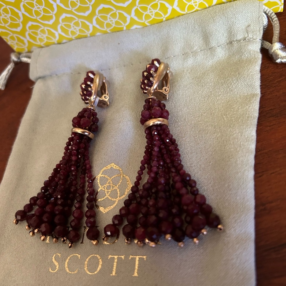 Kendra Scott Gold and Burgundy Red Beaded Clip on Tassel Earrings - Picture 2 of 5